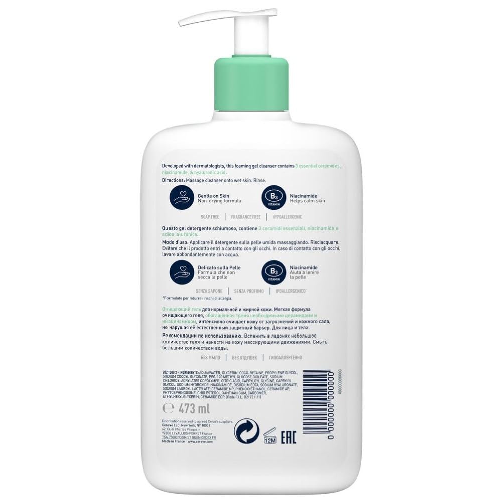 CeraVe Schiuma Detergente, Per Viso e Corpo, Per Pelli da Normali a Grasse, Pelle Libera da Impurità, Barriera Cutanea Rafforzata, Con Ceramidi Essenziali, Acido Ialuronico e Niacinamide, 562 ml