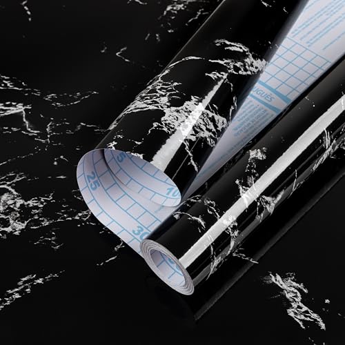 practicalWs Glossy Marble Wall Paper Granite Black/Grey Kitchen Countertop Cabinet Furniture Refurbishment Removable Wallpaper Peel and Stick Vinyl Roll 17.7" x 196.8"
