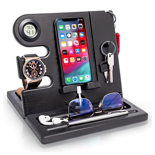 Wood Phone Docking Station with Thermometer and Hygrometer Ash Key Holder Wallet Stand Watch Organizer Men Husband Wife Anniversary Dad Birthday Nightstand Father Graduation Gadgets