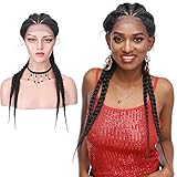Benehair 24' Lace Front Braided Wigs Double Dutch French Lace Braids Wig for Black Women Black Synthetic Cronrow Box Braided Wig with Baby Hair Lightweight African Braiding Hair Hand-Braided Wig
