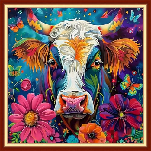 Image of Joyhoor Stamped Cross Stitch Kits for Beginners Needlepoint Kits for Adults Embroidery Kits 11CT Counted Cross Stitch Kits Printed Embroidery Pattern-Colorful Flower Cow 18x18 inchs