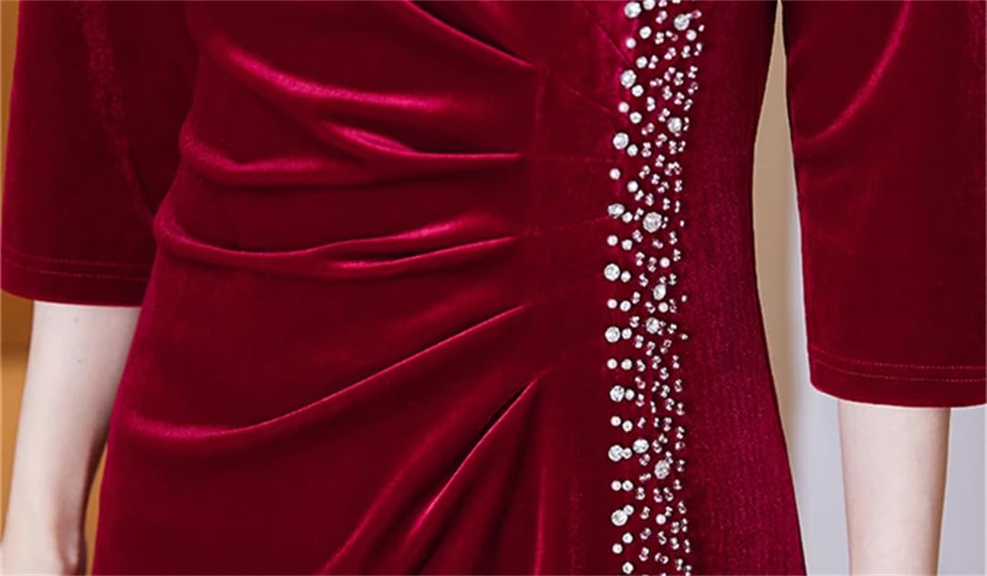 Fnfmrfmr Vestido de terciopelo rojo de manga larga para mujer, vestido de oficina con cuello en V, maxi vestido dividido