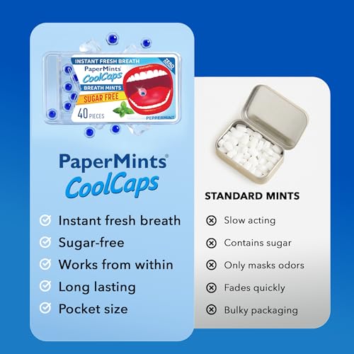 PaperMints CoolCaps – 4 Pack mit je 40 zuckerfreien Minzperlen – Für frischen Atem und gegen Mundgeruch – Schnelle Linderung bei Mundtrockenheit – Doppelte Wirkung – Insgesamt 160 Kapseln