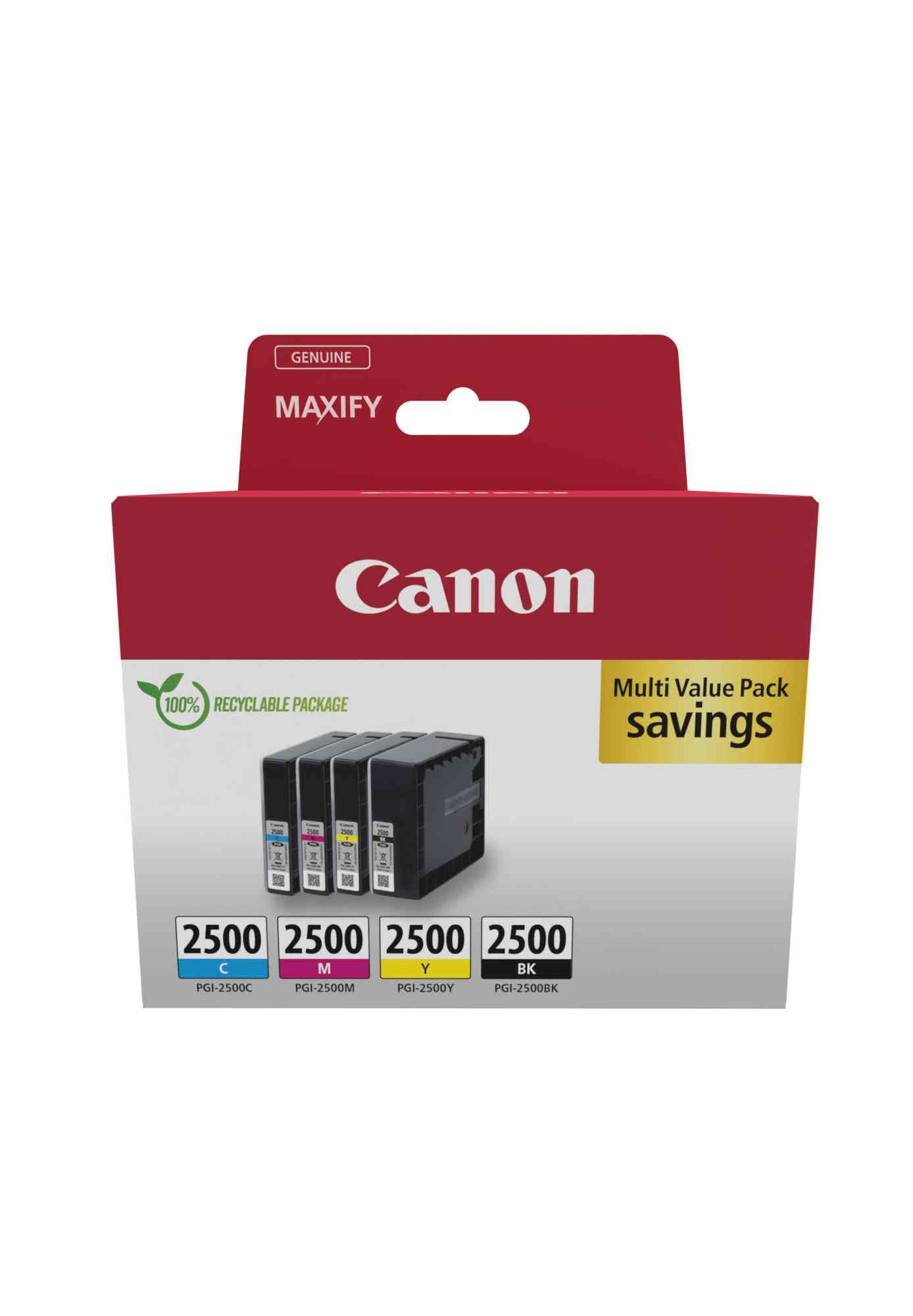 Canon PGI-2500 C M Y BK Vorteilspack 4 Tintenpatronen (Schwarz, Cyan, Magenta, Gelb) Original [Umweltfreundliche Recycle-Kartonverpackung 2024]