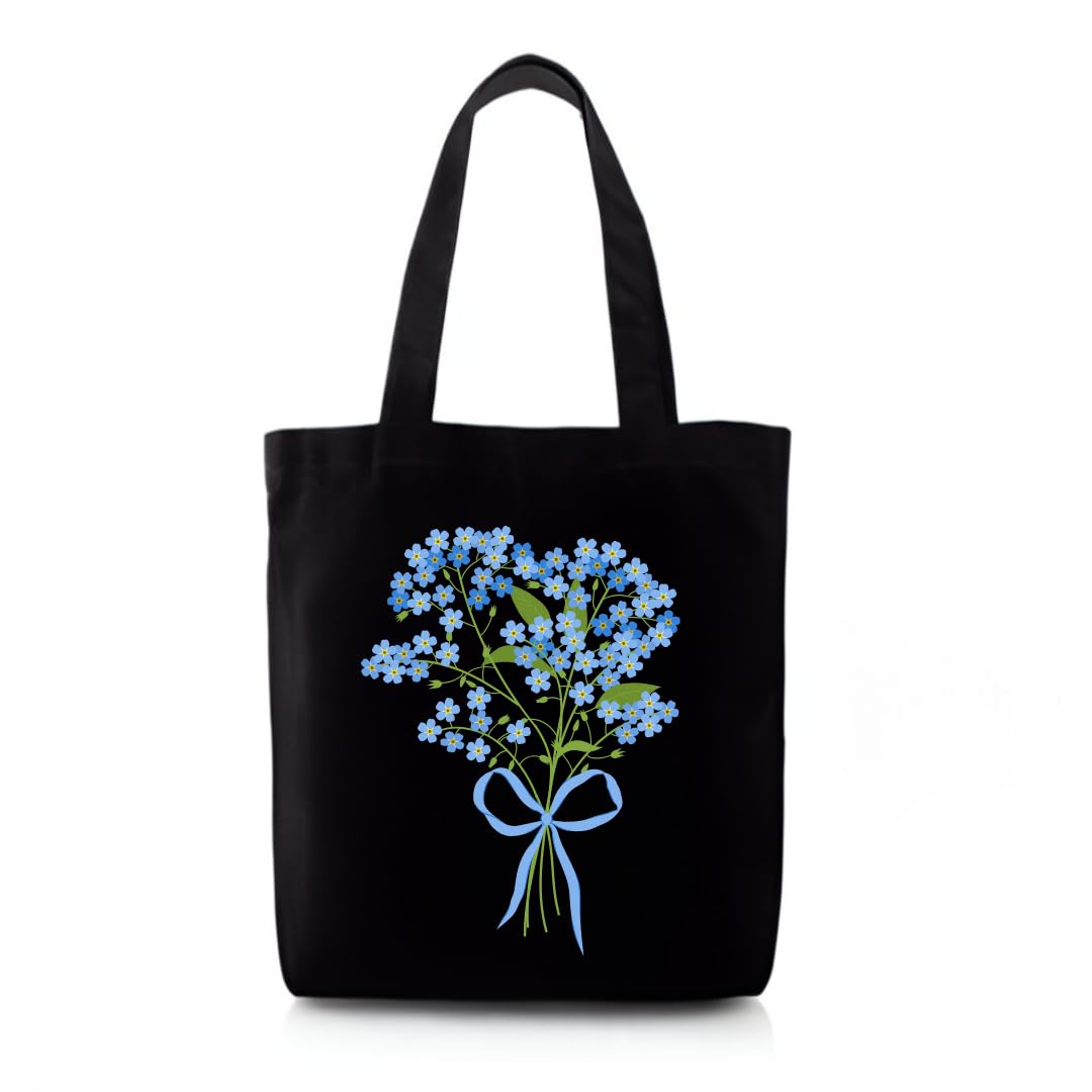 Toteaa Forget-Me-Not Floral Black Tote Bag | Blue Flower Printed Cotton Bag for Women | Zipper-picture-12