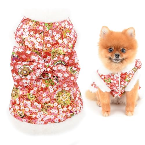 SMALLLEE_LUCKY_STORE Fleece Lined Dog Coat for Small Dog, Floral Pet Dress with D-Ring and Bow, Puppy Clothes with Fuzzy Collar Chihuahua Yorkie Cat Jacket Christmas New Year Apparel, Red, S