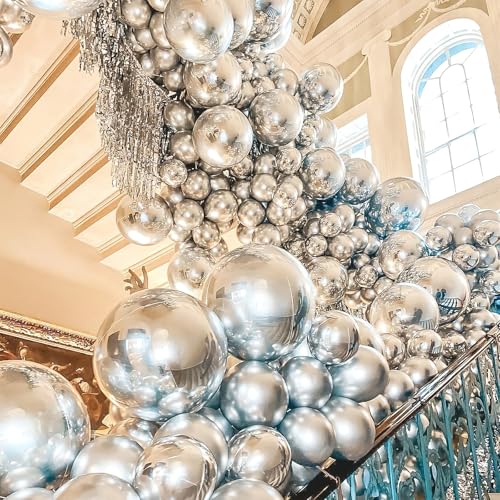 Image of PartyWoo Metallic Silver Balloons 100pcs 5 Inch Silver Chrome Balloons for Graduation Wedding Baby Shower Bachelorette Bridal Shower Anniversary Engagement Birthday Party Decorations Silver-G102