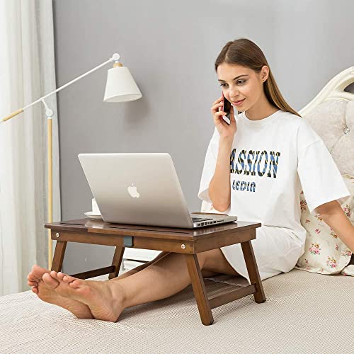 Image of VASIL MART A Versatile Laptop Table Or Lapdesk With A Spacious Working Area For Home That Is Made Of Solid Mango Wood And Is Adjustablefoldable, With Phone And Tablet Holder (Walnut, 33 Cm, 60 Cm)