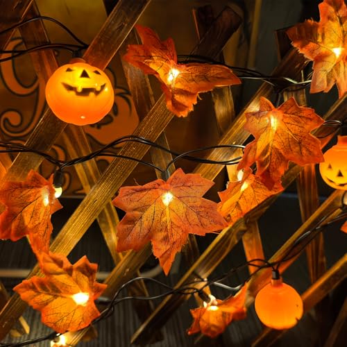 Image of 13.6Ft Fall Decor Maples Leaf Pumpkin String Lights, Hanging Outdoor Thanksgiving Decorations Lights with 25 Maple Leaves Light and 10 Pumpkin Lights for Thanksgiving Harvest Halloween Porch Window