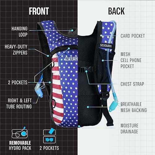 Image of SOJOURNER Hydration Pack Backpack - 2L Water Bladder Included for Festivals, Raves, Hiking, Biking, Climbing, Running and More (USA - American Flag)