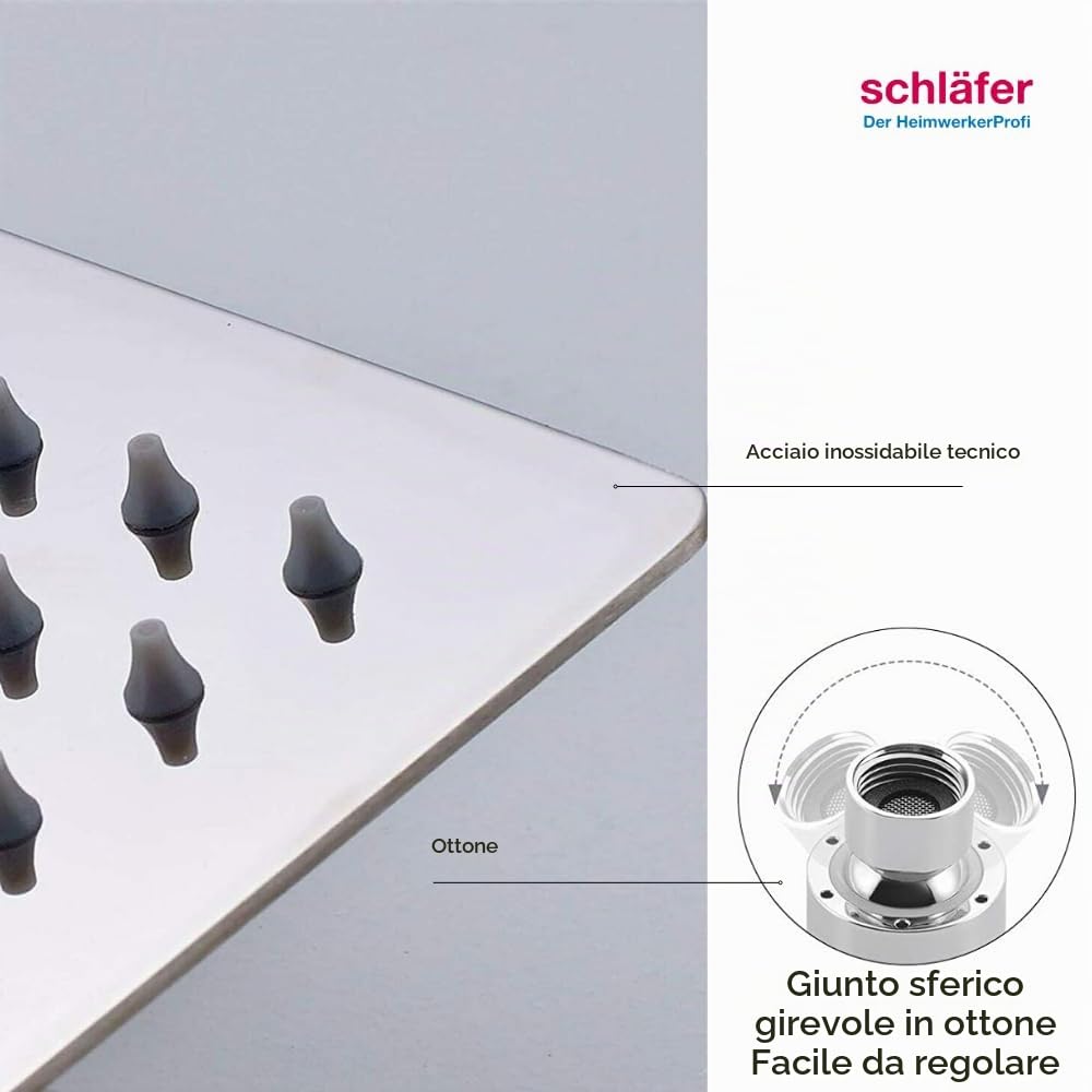 Schläfer 134700 | Soffione Doccia Quadro 20x20 cm a Pioggia, Anticalcare ad Alta Pressione Ultra Sottile in Acciaio Inox, Soffione per Cabina Doccia, Snodo Regolabile Universale G 1/2, Cromo, Argento