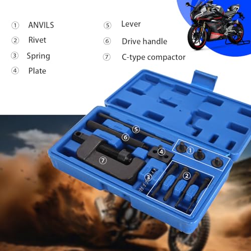 Image of Motorcycle Chain Brake Tool Kit, 13PCS Motorbike Chain Braker Set with C Frame 3 Anvils 4 Brake Tips, Dirtbike Link Repair Removal Tool, Fit for Cam & 25 to 630 Chains