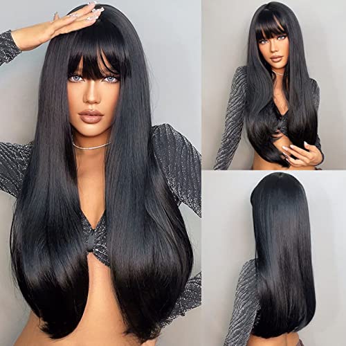 HAIRCUBE schwarze Perücke mit Pony Long gerade Perücken für Frauen hitzebeständige Faser -synthetische Perücken Cover