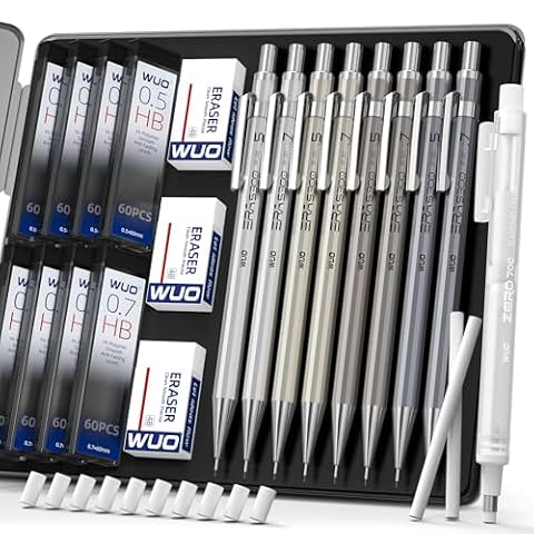 WUO 0.5&0.7mm Metal Mechanical Pencil Set, 8-Pack with Eraser Pen and Case — $12.99 (24% off)