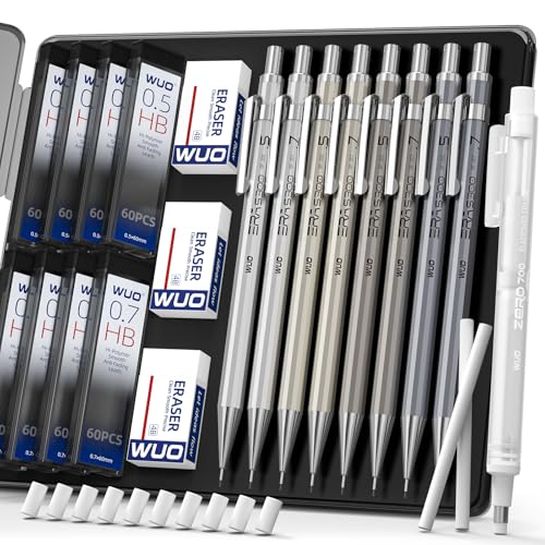 Image of WUO 0.5&0.7mm Metal Mechanical Pencil Set, 8-Pack with Eraser Pen and Case