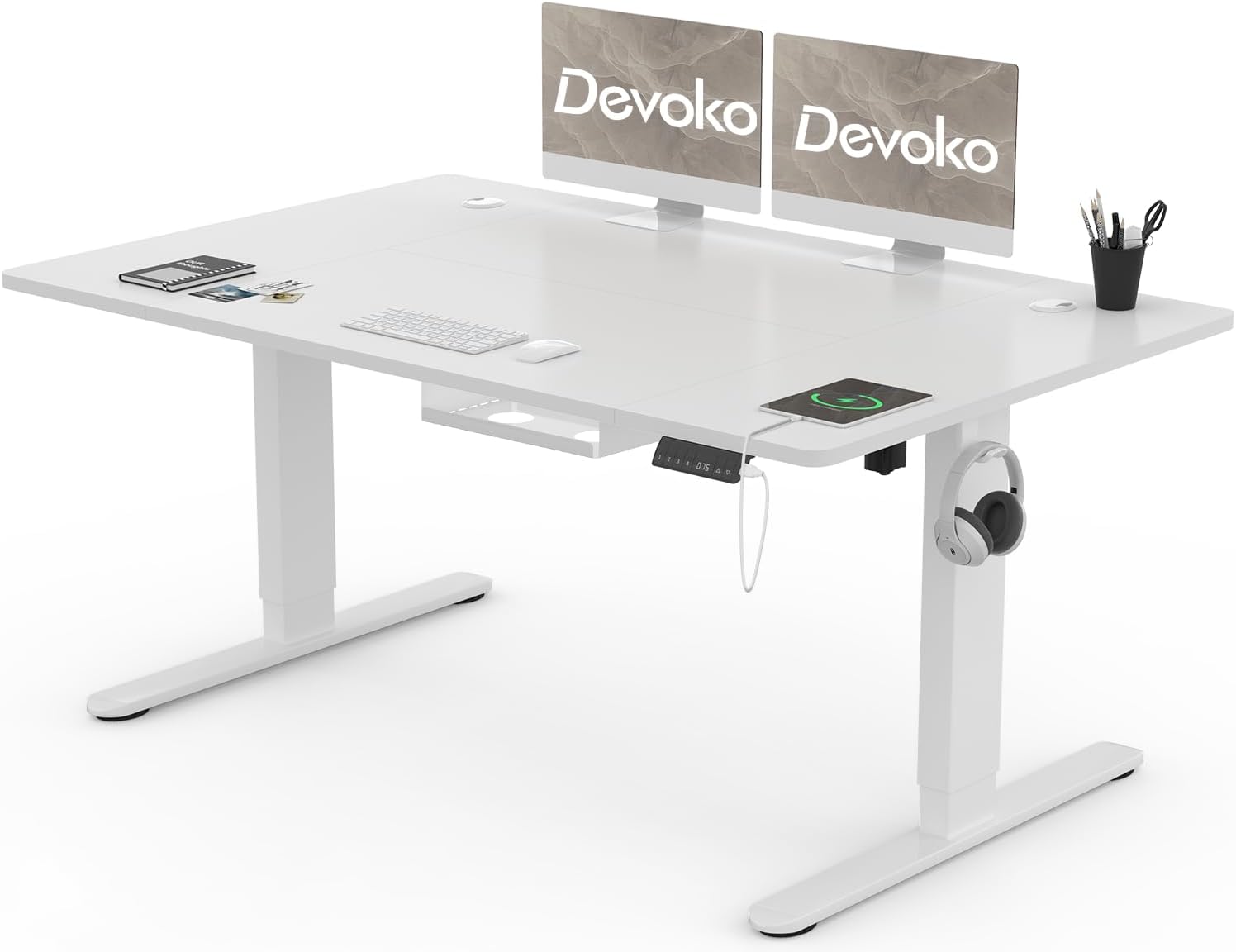 Devoko Volledig Elektrisch In Hoogte Verstelbaar Bureau, 100 X 60 cm, Elektrisch Staand Bureau met Kabelopbergruimte, USB Oplaadpoort, LED Scherm, Wit