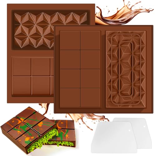 2 Moldes de Silicona Antiadherente para Chocolate y Turrón, Molde Barra/Tableta Chocolate y Barritas Energéticas, Reutilizable sin BPA, Incluye 2 Rascadores, Apto horno y congelador