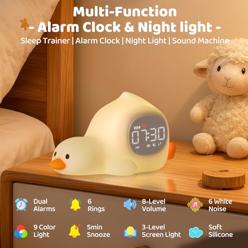 Image of Laying Duck Alarm Clock with Night Light for Kids with Sleep Training and Sound Machine, Rechargeable Silicone Lamp OK to Wake Clock,Cute Animal Tabletop Lamp, Perfect Sleep Companion for Boys Girls