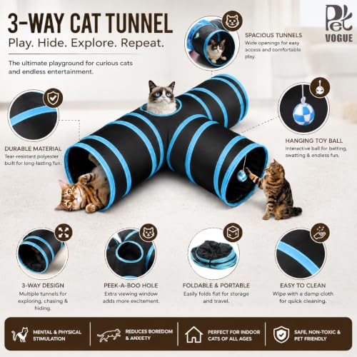Image of PetVogue Cat Tunnel Tube Cat Tunnels for Indoor Cats 3 Way Collapsible, Kitten Bored Pet Toys with Peek Hole Ball for Kitty, Puppy, Rabbit