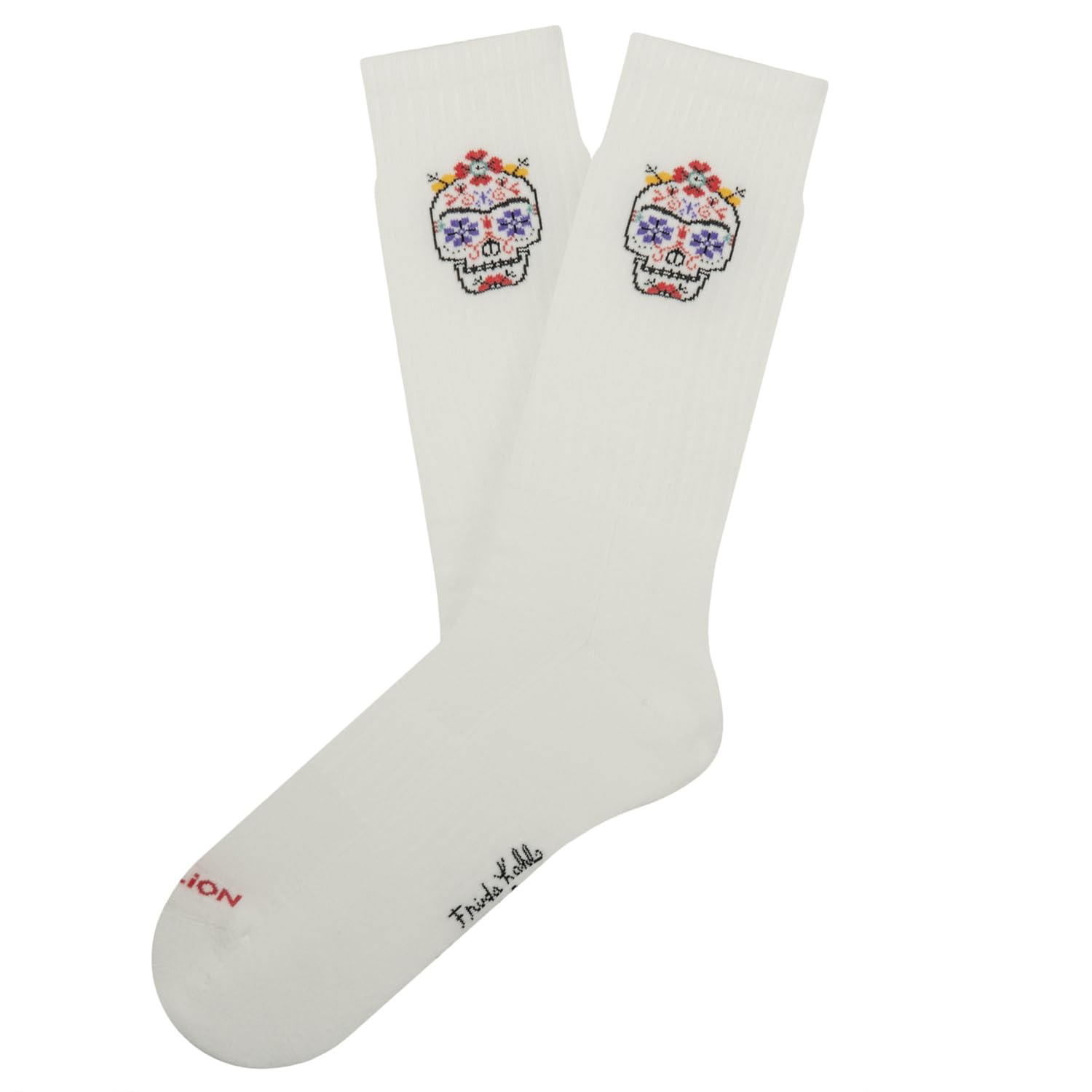 Jimmy Lion Frida Pink Combed Cotton Half Sock Sizes 36-40 | 41-46 Mid Calf, Athletic Frida Calavera - White, 41-46