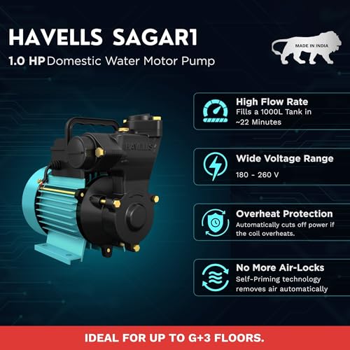 Image of Havells Monoblock Water Pump SAGAR1 (1 HP) | Copper Winding, High Flow Rate, 180-260 V Range | Overheat Protection, Durable, Rust Resistant | for Home, Apartments, Fountain | 1 Yr Warranty