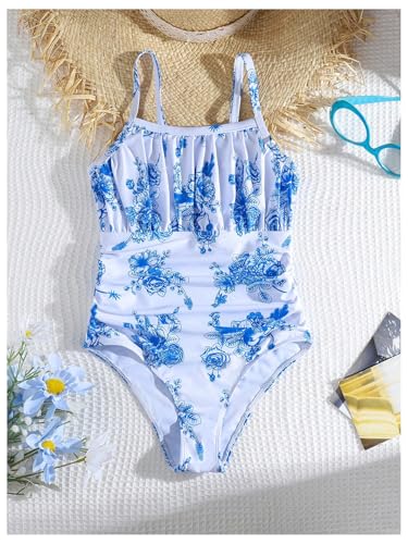 OYOANGLE Girl's Boho Floral One Piece Swimsuit Ruched Beach Sports Bathing Suit Swimwear4