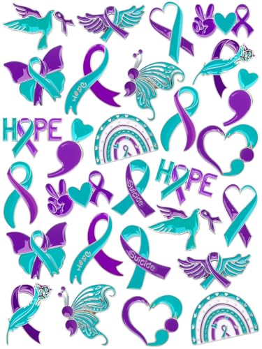 JUNEBRUSHS 28pcs Suicide Prevention Awareness Pins Purple Teal Ribbon Lapel Pins for Suicide Prevention Awareness Teens Adults Children Party Event Favors Decor Accessories