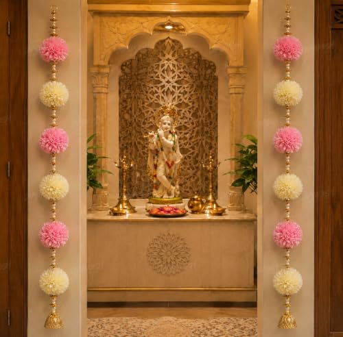Image of DivyaKosh Floral Hanging Toran for Door & Wall Decor, Pack of 2, 36 Inch, 6 Flower, Pink Ivory, Pearl Beads & Golden Chhatra, Festive Home Decor