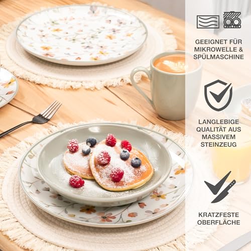 Moritz & Moritz PRIMAVERA Steingut Geschirrset 6 Personen 24-tlg. - Modernes Tafelservice mit verspieltem Design, Pflegeleichtes Kaffeeservice mit Teller Set, Schüsseln & Tassen - Kombiservice
