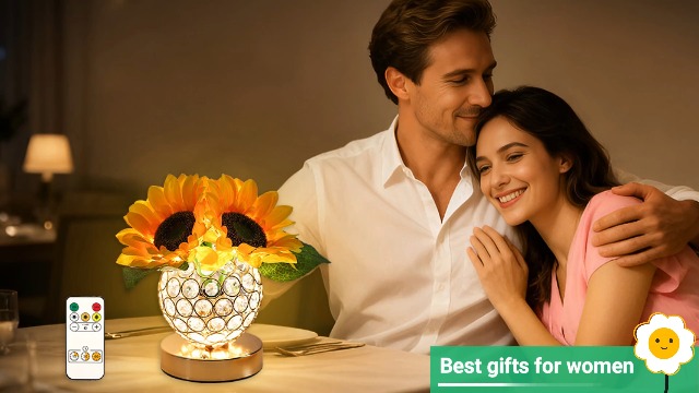 Image of Sunflower Flower Lamp for Women Gifts, 3 Color Dimmable Night Light, Rechargeable Cordless Touch Table Lamp for Womens Mom Wife Friends Girlfriend Her Gifts, Perfect for Bedroom Bar Coffee Shop