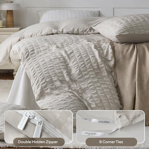 Image of JELLYMONI Seersucker Duvet Cover Set Full, 3pcs Oatmeal Polyester | In Guest Room & Studio, Single Upgrades Pick, Crinkled Texture, Oeko-Tex Certified, 8 Corner Ties & Hidden Zipper