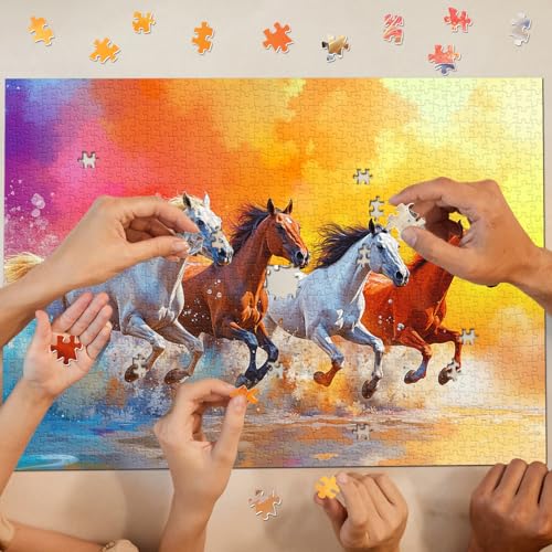 Rompecabezas de caballos de 1000 piezas para adultos, rompecabezas jigsaw de animales coloridos, difícil pintura paisajística natural como arte para pared miniatura 7