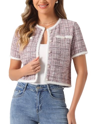 Image of Allegra K Short Sleeve Tweed Jacket for Women Summer Crew Neck Button Front Cropped Cardigan