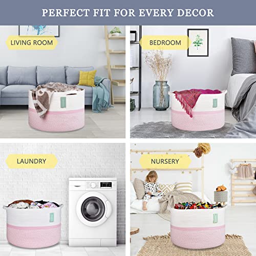 Image of Cotton Rope Basket for Girls Kids, 87L Laundry Hamper, White & Pink