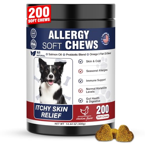 Dog Allergy Chews 200 Treats, Dog Allergy and Itching Skin Relief Bites Immune Support Dogs Probiotics for Yeast, Itchy Skin and Itchy Ears Anti Itch Licking Paws Treatment for Dogs Seasonal Allergies