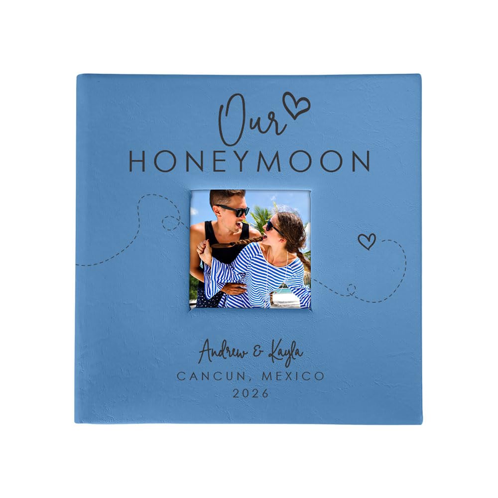 Personalized Photo Album For Newlyweds, Holds 200 4" x 6" Photos, Engraved Our Honeymoon Leatherette Photo Album, Gift For Her, Blue Photo Scrapbook, Photo Keepsake