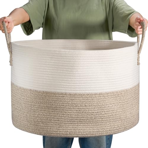 Image of Noonkty XXL Blanket Basket Storage for Living Room, 21.7" X 21.7" X 13.8" Toy Storage Baskets with Handles, Large Cotton Rope Baskets, Laundry Basket for Blanket, Clothes, Pillows (Brown)