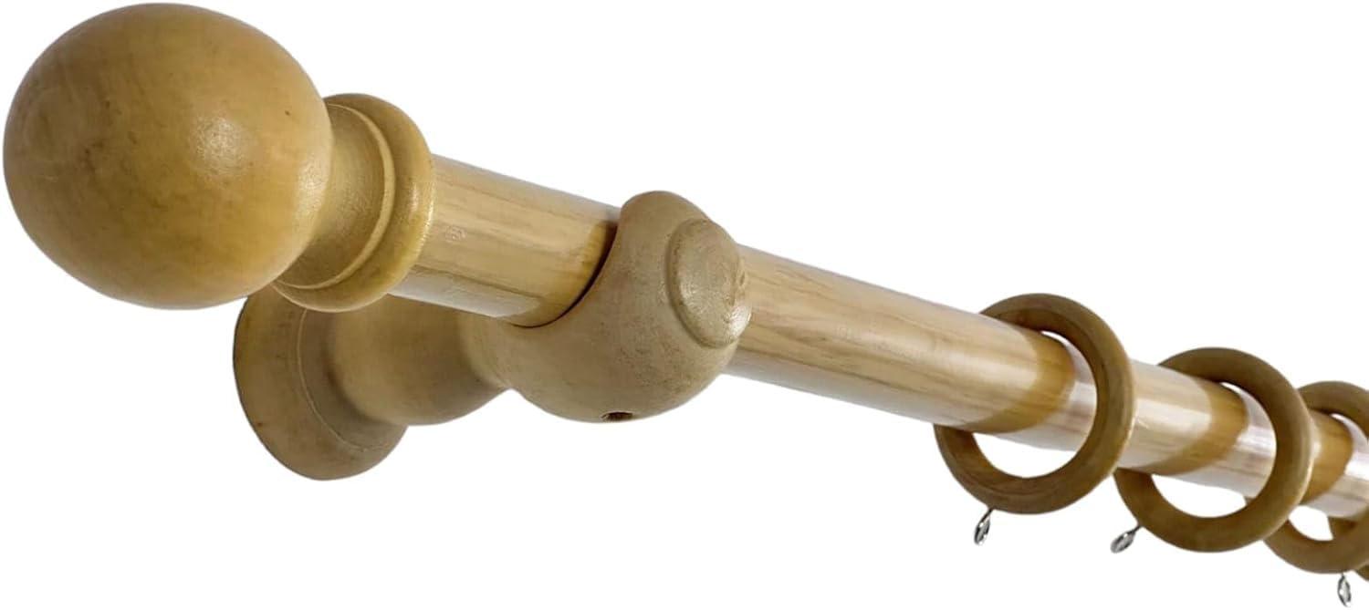 AQS INTERNATIONAL - 28mm Wooden Curtain Pole, Premium Curtain Rail Poles, Versatile Wood Tracks with Rings, Finial, Brackets, & Fixing, Fixed Length Poles for Window & Door (Natural 300cm(118'')
