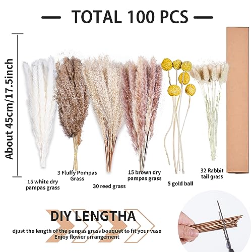 100Pcs Natural Dried Pampas Grass Decor - 17.5" Fluffy Pampas Grass Bouquet - Boho Home Decor Dried Flowers For Wedding Floral Room Home Party Table Decorations #TOP1