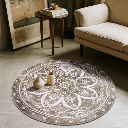 Image of Carvapet 36 inch /91 cm Washable Round Rugs - Small Vintage Circle Rug, Non Slip Rubber Backing Foldable Low Pile for Living Room Bedroom, 3ft Brown Rug
