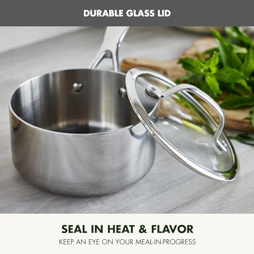 Image of GreenPan Valencia Tri-Ply Stainless Steel 1.6QT Sauce Pan with Lid, Induction Ready, Mirror Finish, Dishwasher Safe & Oven /Broiler Safe to 600F, Compatible with All Cooktops, Chefs Cooking Pot