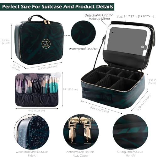 Image of MOMIRA Makeup Train Case with Light-up Mirror, Cosmetic Bag Organizer, Portable Travel Makeup Case with Adjustable Dividers, Waterproof, Zebra-Green