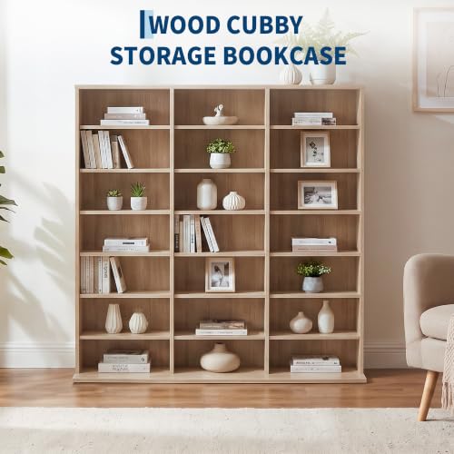 Image of Garvee 7 Tier Tall CD Display Cabinet, 21-Compartment Media Tower, Natural