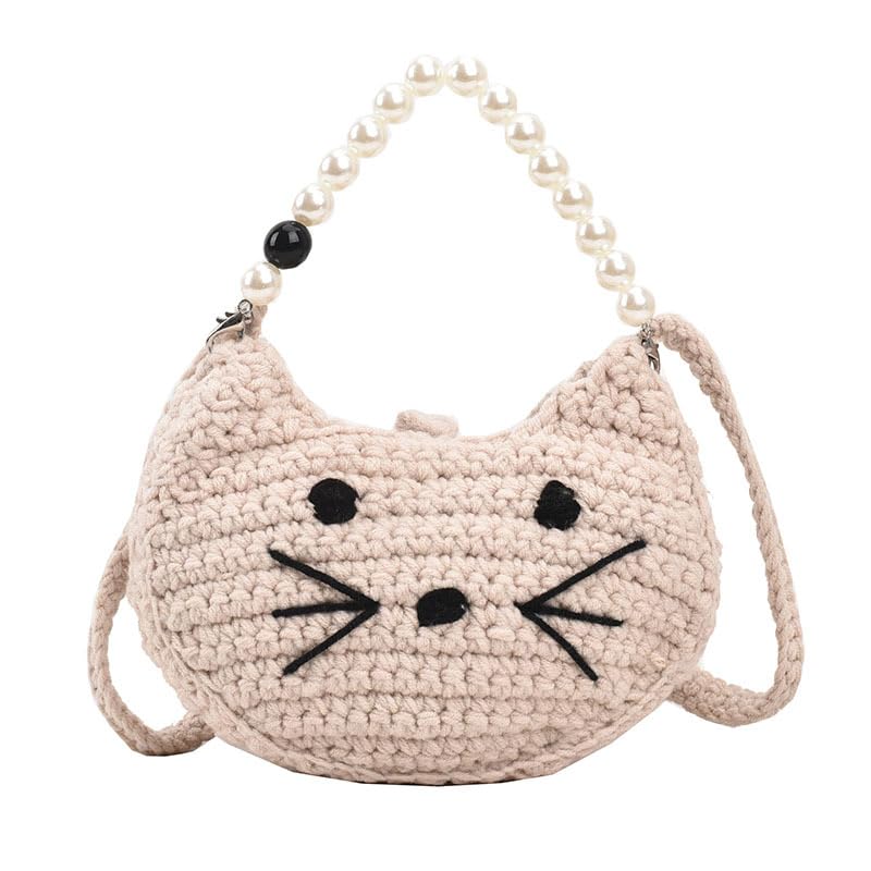 Crochet bag cat coin purse crochet animal crossbody bag, pearl chain crochet bag handbag, crochet shoulder bag
