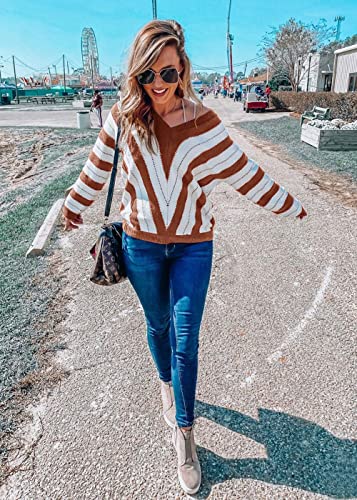 PRETTYGARDEN Sweaters for Women 2025 Long Sleeve Striped Knitted V Neck Pullover Jumper Tops Fall Outfits Fashion Clothing
