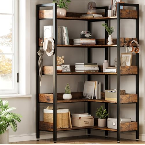 Corner Bookshelf, 5 Tier Convertible Corner Book Shelf, Modern Industrial Bookcase, L Shaped Storage Display Shelf for Home Office, Living Room, Study Room Office