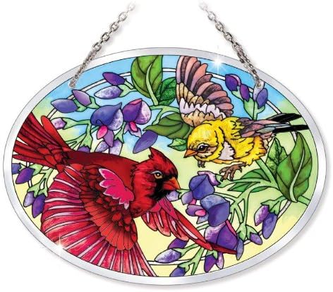 Amia 41583 Songbird Floral Hand-Painted Beveled Glass 5-1/2 by 7-Inch Oval Suncatcher, Medium