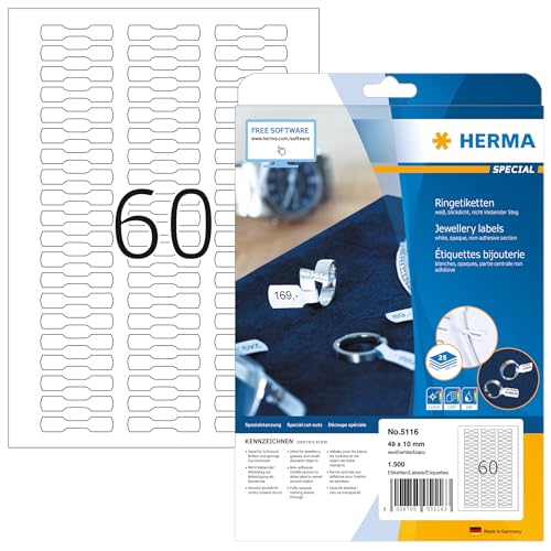 Herma 5116 - Paquete de 1500 etiquetas adhesivas (49 x 10 mm, especiales para joyería), color blanco mate