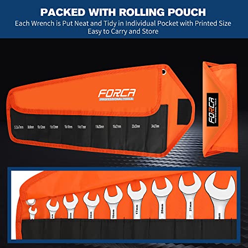 Forca Super Thin Open End Wrench Set 10 Pieces Metric, 5.5Mm To 27Mm, Mirror Polished Thin Wrenches Set Ultra-Slim Wrenches With Rolling Pouch (10Pc Metric) #TOP4