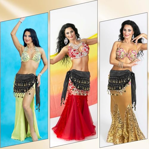 AHQiZFX 1 Stück Damen Bauchtanz Gürtel,Tanztuch mit Münzen für Bauchtanz,Bauchtanze Münzgürtel,Bauchtanze Chiffon Hüfttuch,Bauchtänzerin Kostüm,für Mädche Frau Performance Kostüm Bauchtanze Yoga Kurs